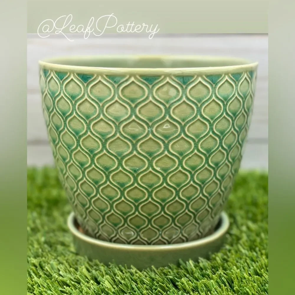 Coral Aqua/Green Ceramic Planter Pot with Saucer Attached - Picture 3 of 8